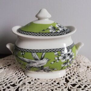 222 Fifth Adelaide Sugar Bowl Green with Birds & Flowers